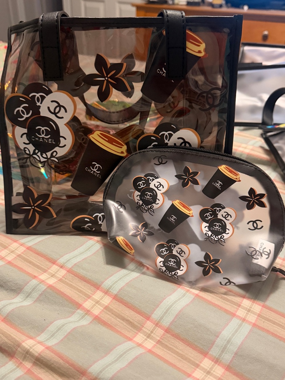 Designer-Inspired Clear Tote and Cosmetic Pouch Set - Black & Brown Accents